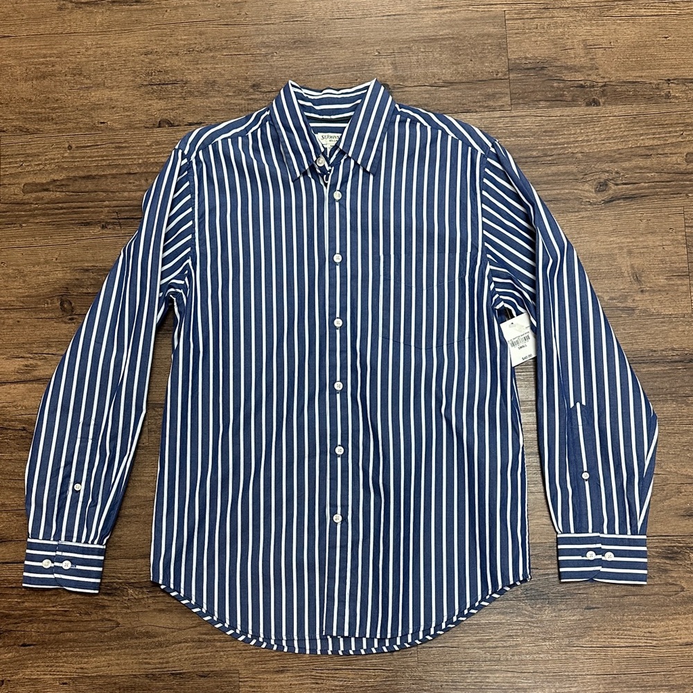 St. John's Bay Navy and White Striped Button Down Shirt
